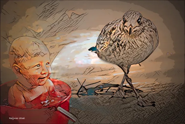 Vogel en kind op strand